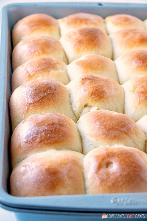 Soft and Easy Buttery Rolls in baking pan.