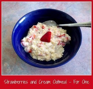 Strawberries and Cream Oatmeal in blue bowl with spoon