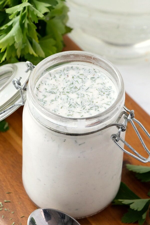 homemade ranch dressing in glass container