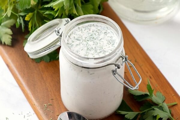 glass container with homemade ranch dressing