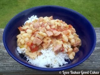 White Beans with Rice in blue bowl.