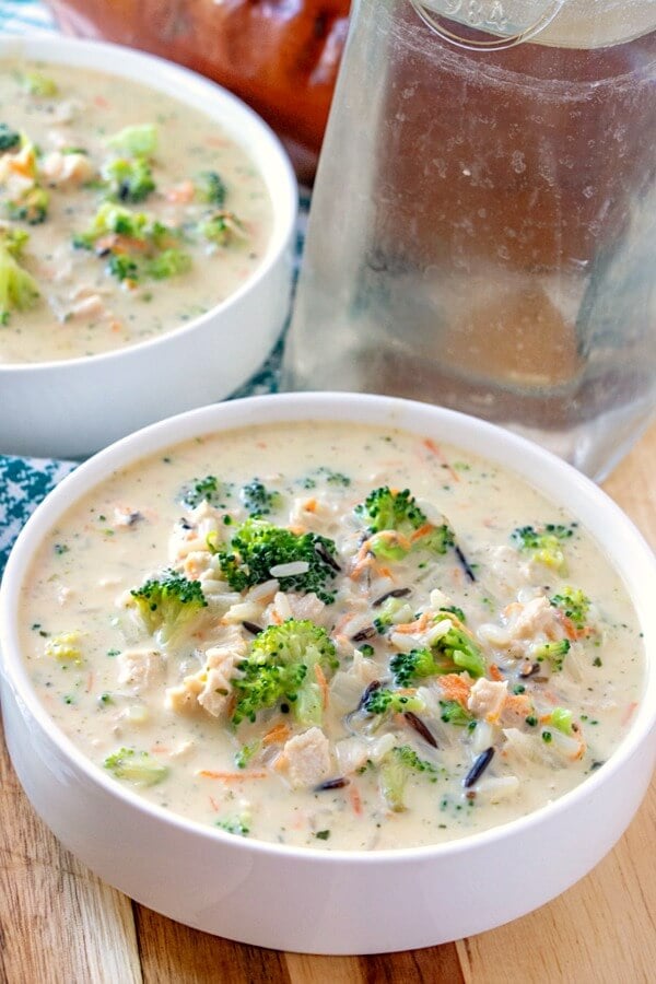delicious chicken broccoli wild rice soup in bowl