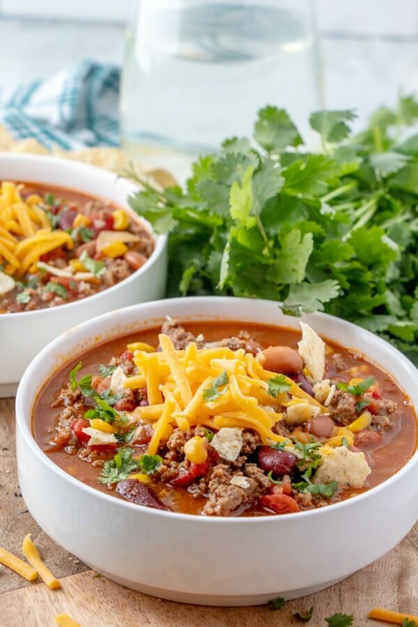taco soup in bowl ready to eat