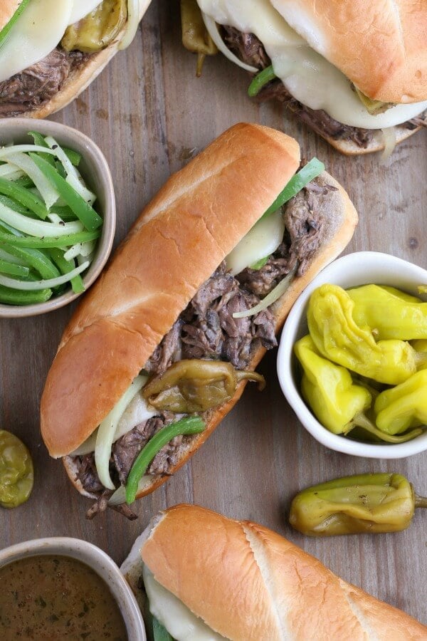 A top down view of the completed sandwiches made with slow cooker Italian beef! 