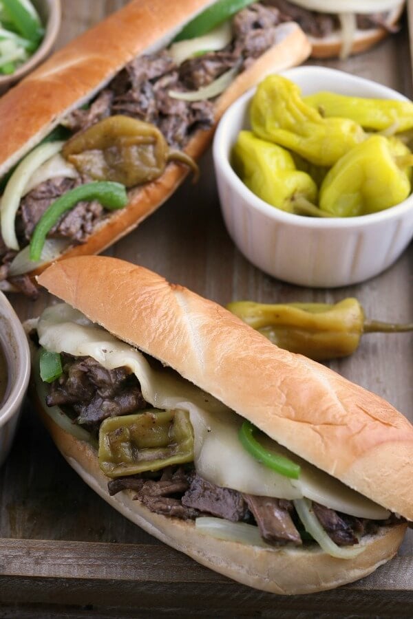 A finished look at the Crockpot Italian beef sandwiches ready to be shared and enjoyed. 