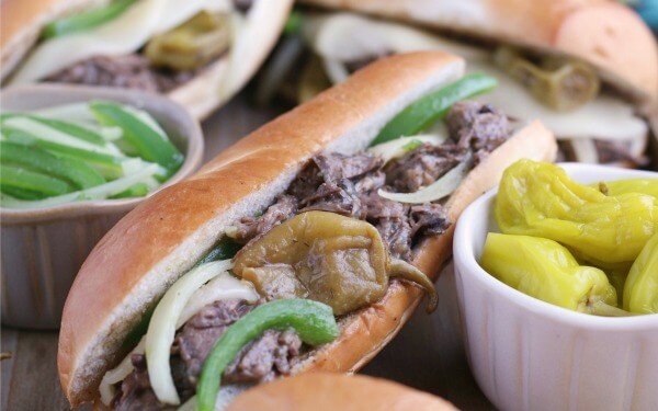 A closer look at the Italian beef for sandwiches ready to be served and enjoyed with mild peppers! 