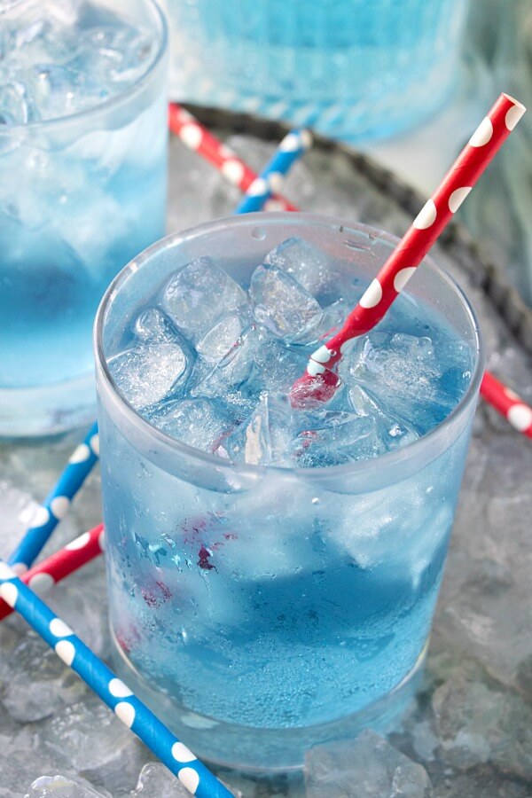 ocean water in glass with ice and straw