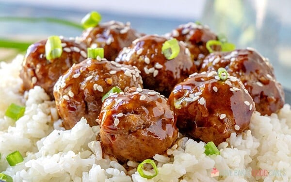 Sticky Asian Glazed Meatballs over steamed rice