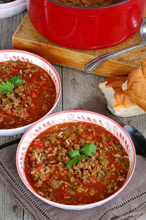 two bowls of stuffed pepper soup