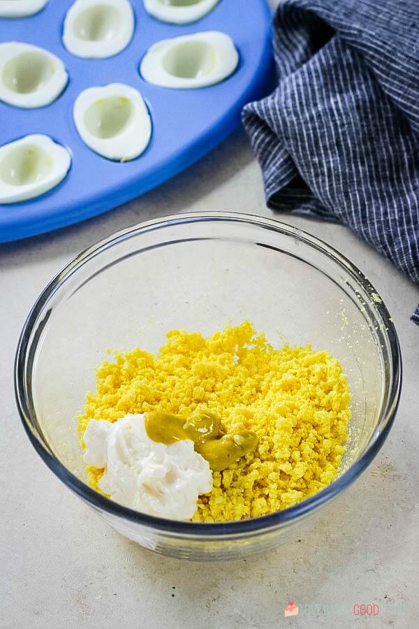 Classic Deviled Eggs yolks with mayo and mustard
