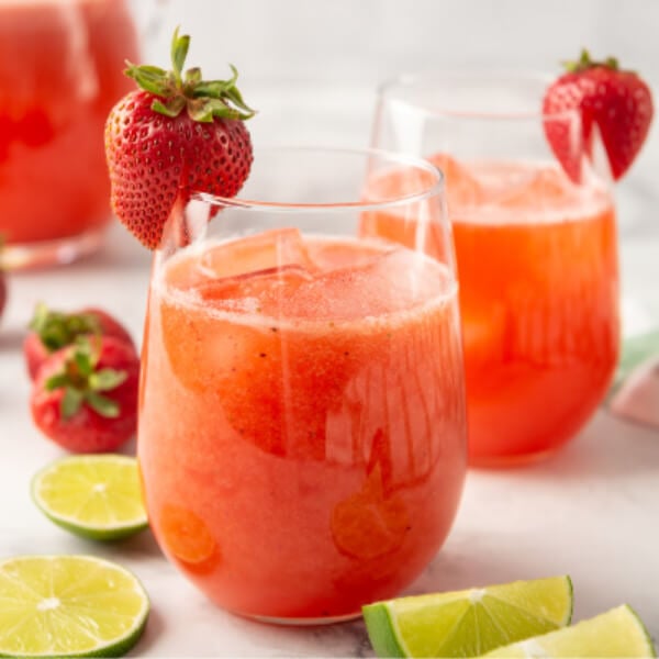 two glasses of strawberry agua fresca