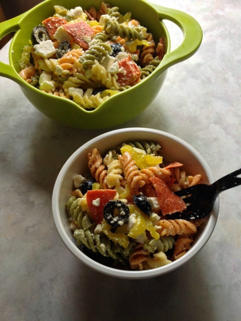 Pepperoni & Feta Pasta Salad in bowls.