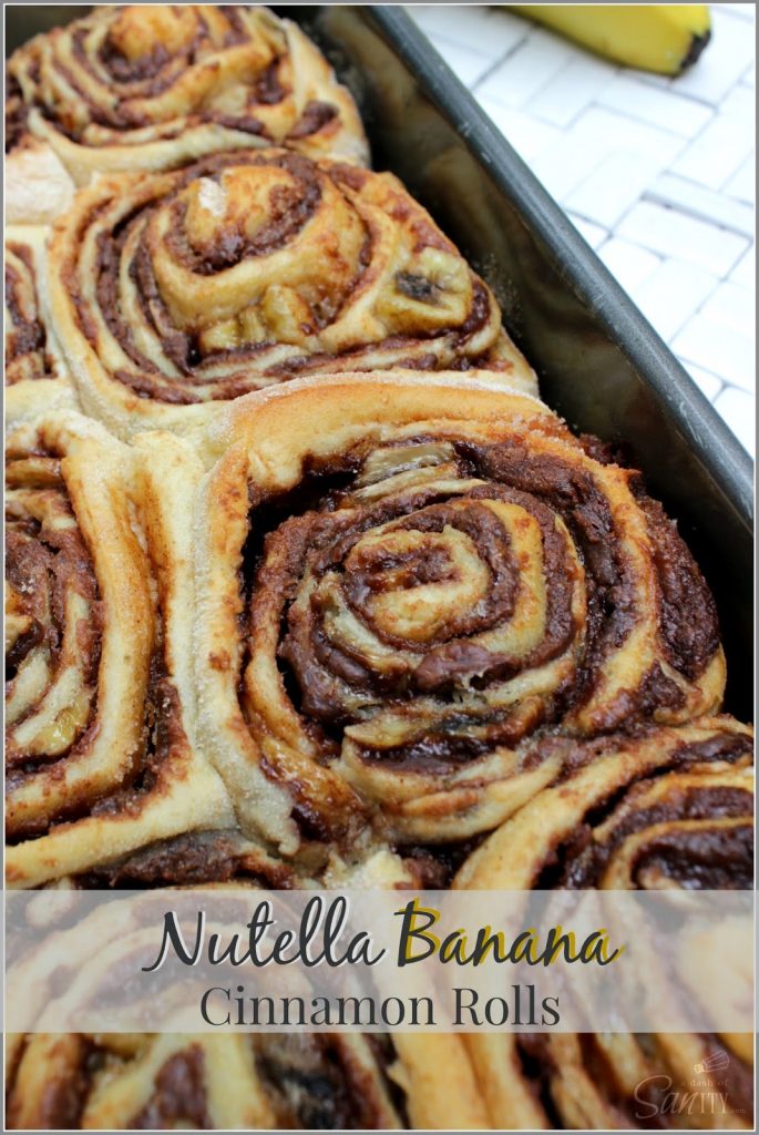 Nutella Banana Cinnamon Rolls in a baking pan fresh out of the oven.