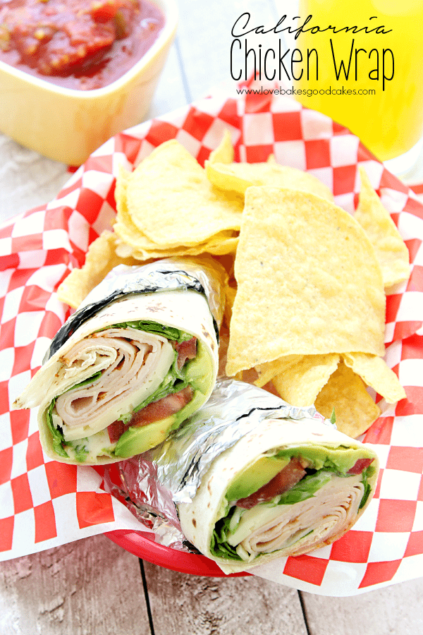 California Chicken Wrap in a basket with tortilla chips.