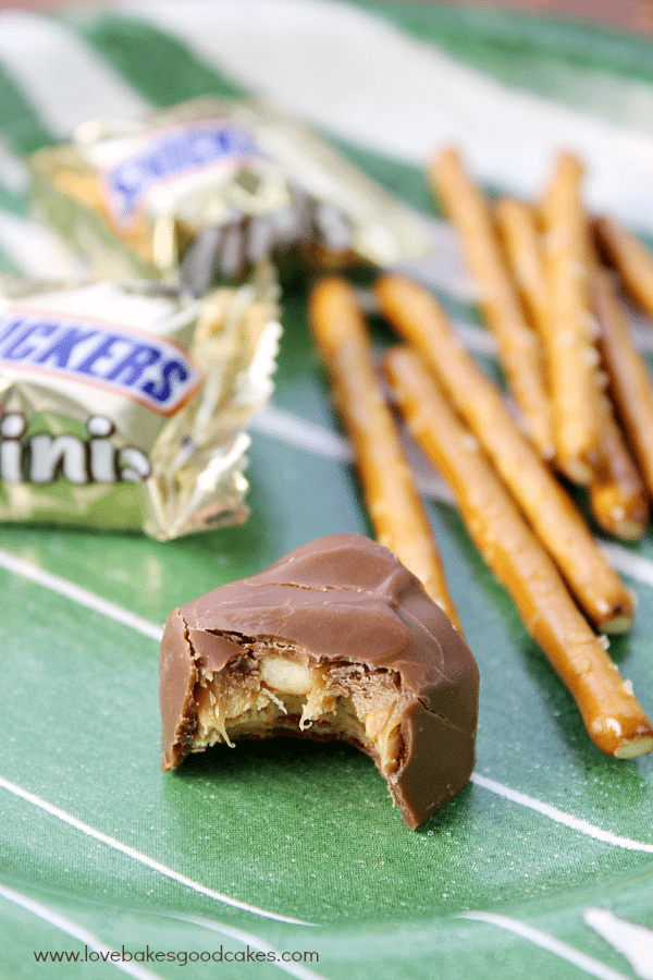 Game Day Cake close up of a snickers bar.