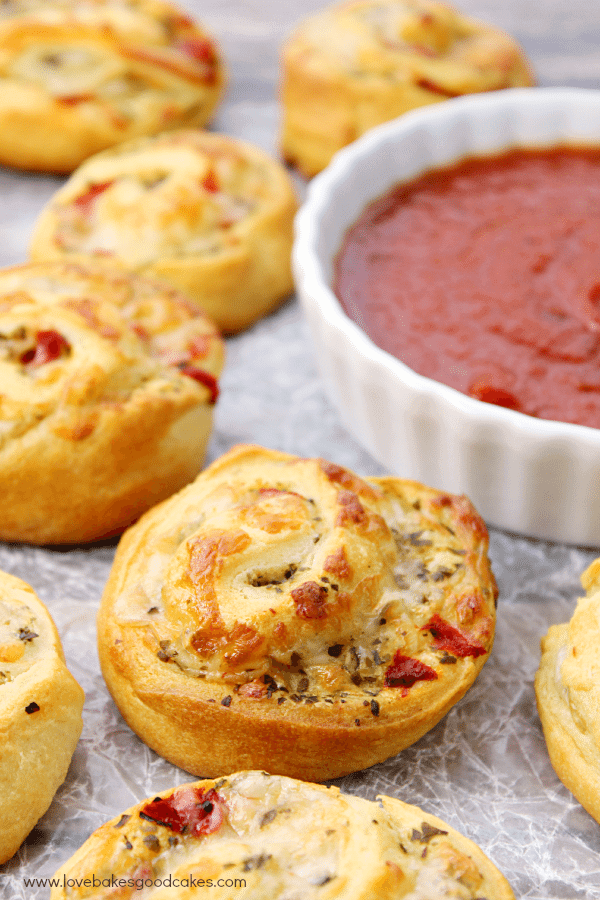 Homemade Pizza Sauce with Pesto and Red Pepper Pinwheels.