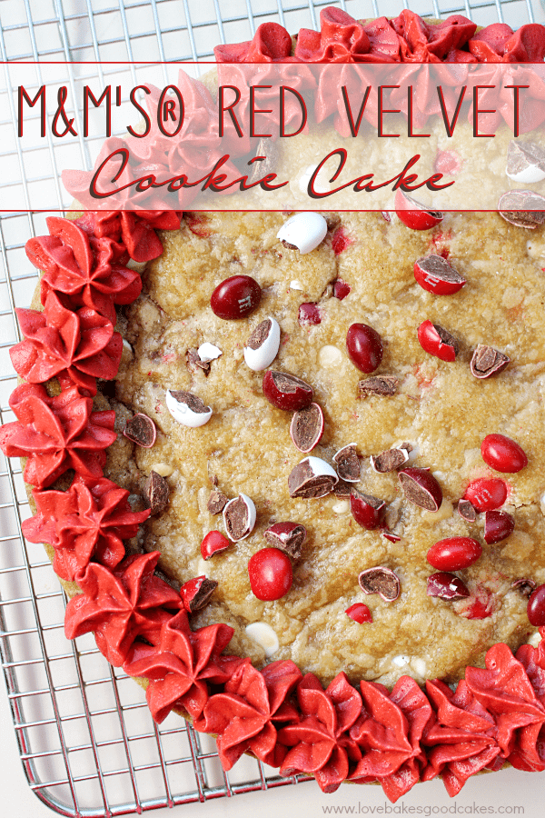 M&M's® Red Velvet Cookie Cake on a cooling rack.