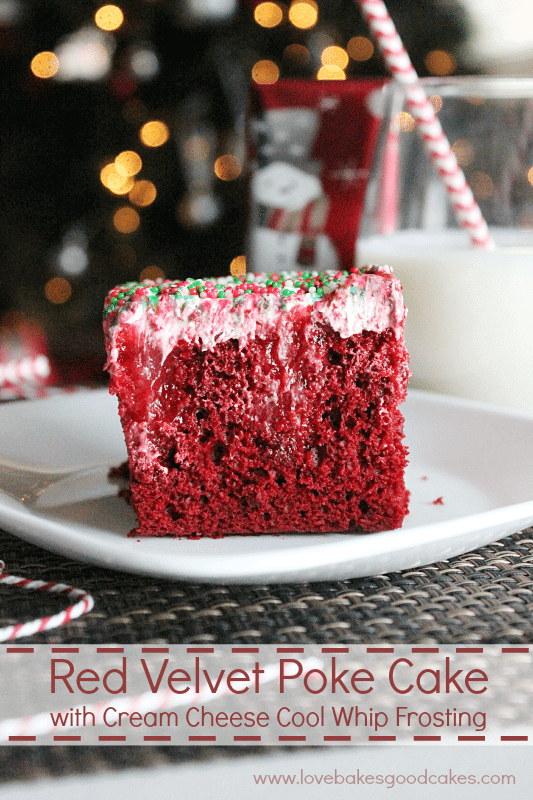 Red Velvet Poke Cake with Cream Cheese Cool Whip Frosting on a plate.