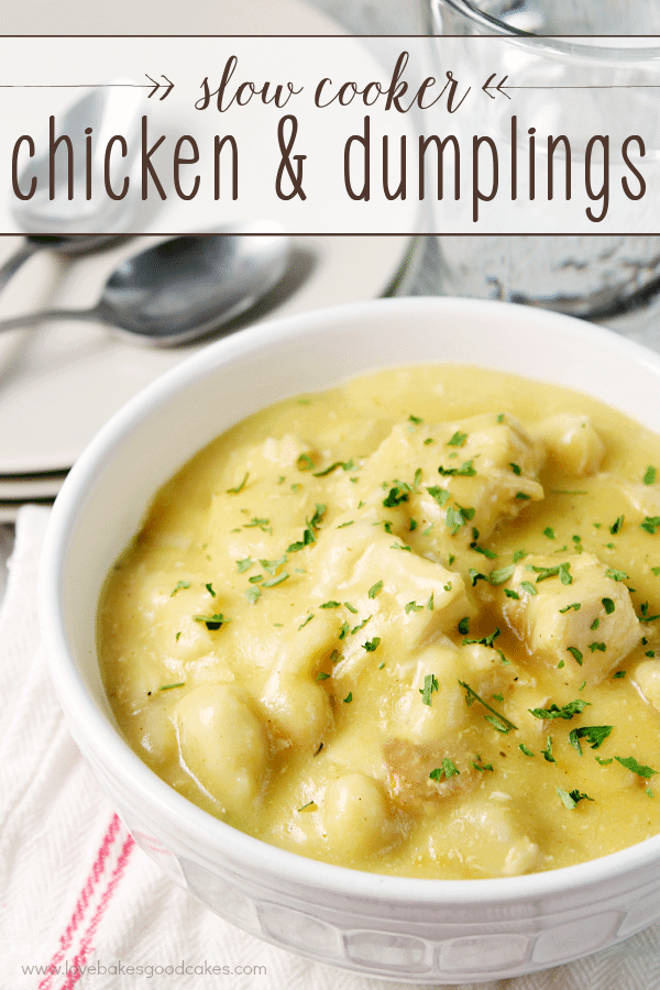 Slow Cooker Chicken and Dumplings in a white bowl.