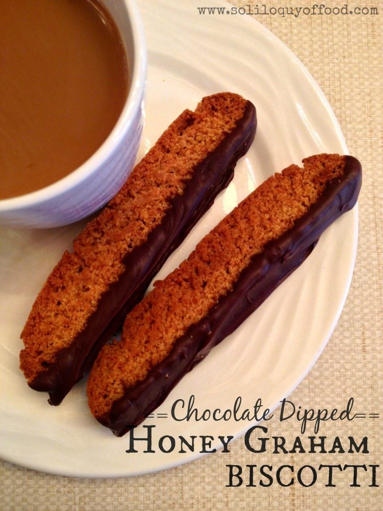 Chocolate Dipped Honey Graham Biscotti on a plate.