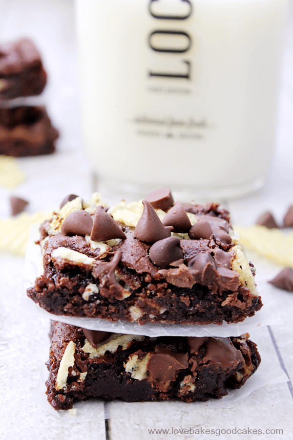 PMS Brownies with Cape Cod® Potato Chips stacked up with a bottle of milk.