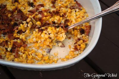  Creamed Corn in a casserole dish with a spoon. valentine's day food ideas
