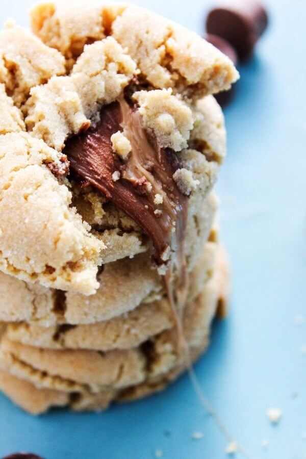 Rolo Stuffed Peanut Butter Cookies stacked and close up.