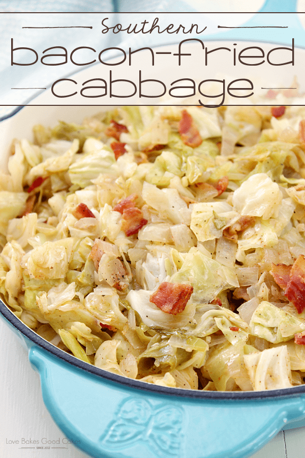 Southern Bacon-Fried Cabbage in a blue dish. 