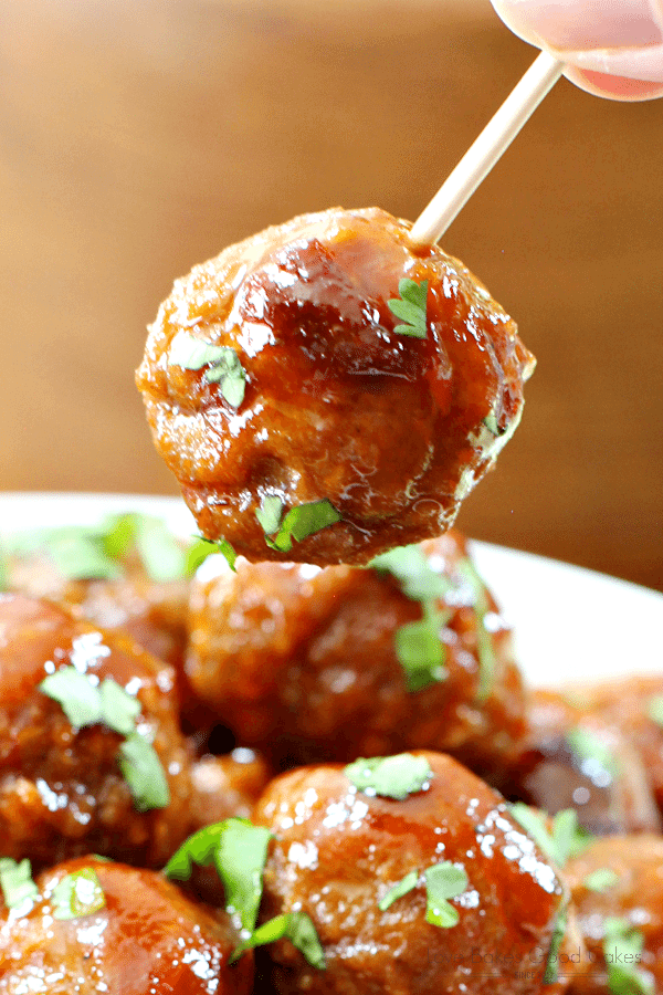 Slow Cooker Chipotle BBQ Meatball on a toothpick.