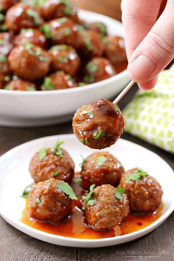 Slow Cooker Chipotle BBQ Meatballs in a bowl and on a plate with one on a toothpick.