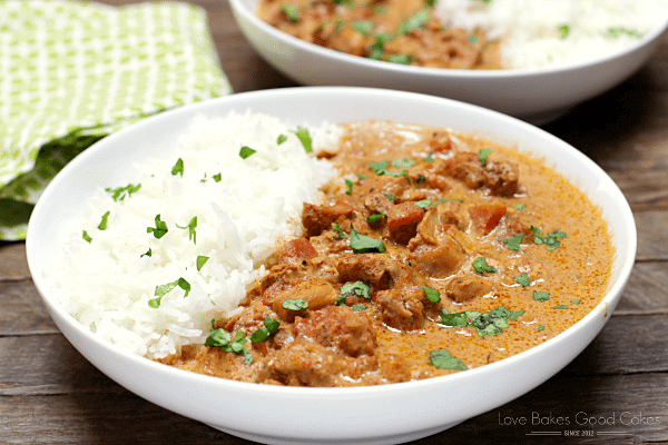 Slow Cooker Chicken Tikka Masala on a white plate with rice.