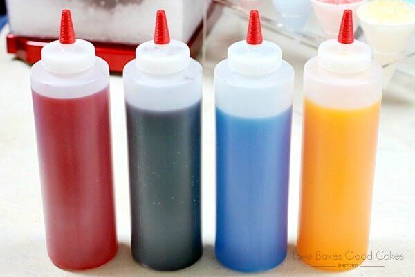 Homemade Snow Cone Syrup in bottles.