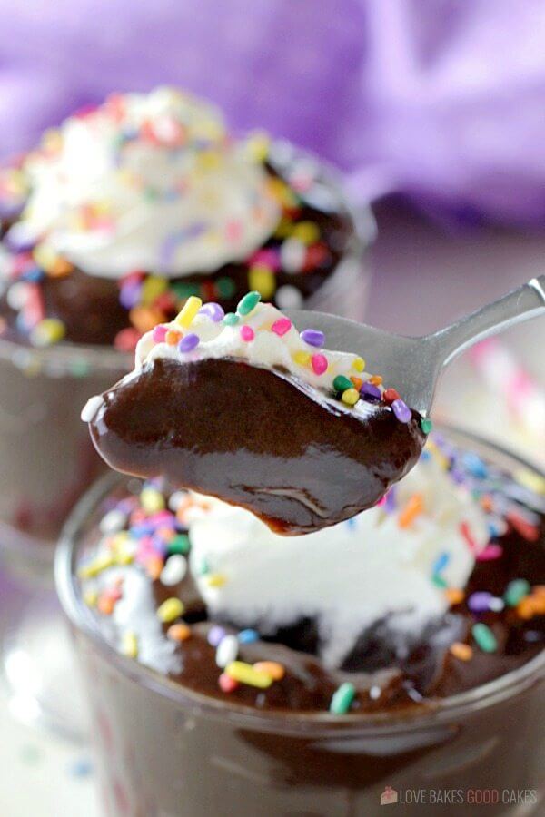 Homemade Chocolate Pudding on a spoon close up with whipped cream and rainbow sprinkles.