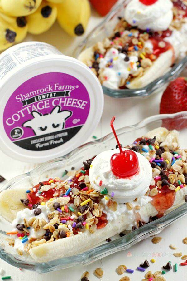 Easy Breakfast Banana Split with a carton of Shamrock Farms Cottage Cheese.
