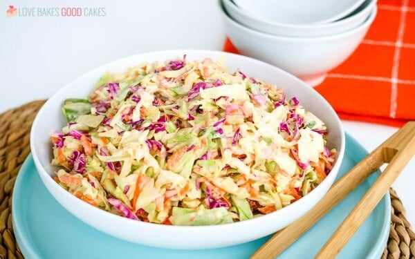 A homemade coleslaw recipe in a serving bowl.
