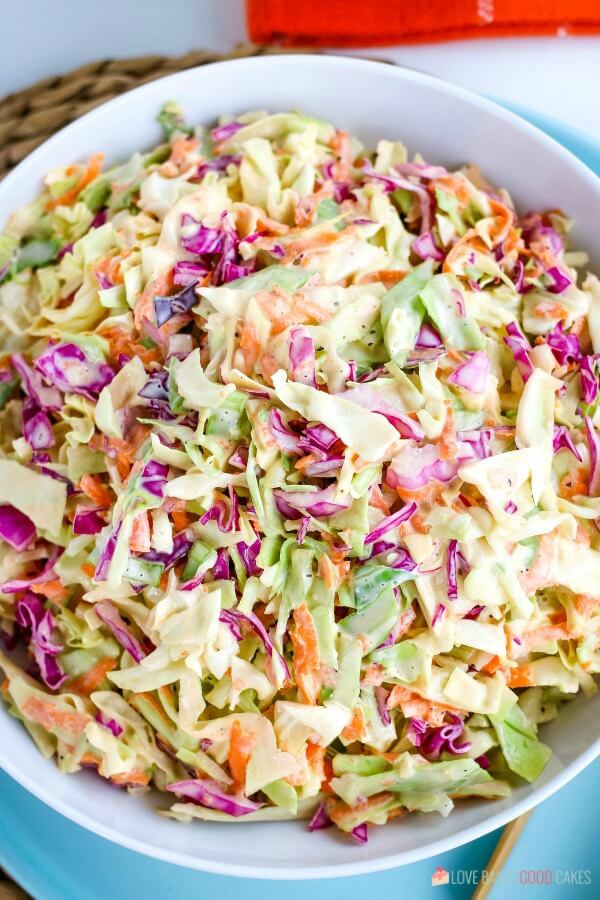 Overhead view of homemade coleslaw recipe in a serving bowl.