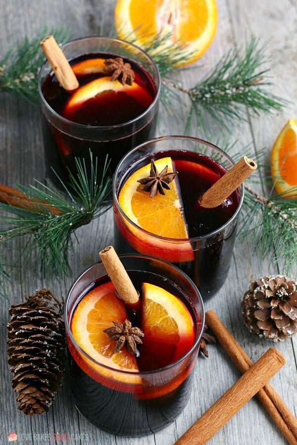 A top down view of the finished glasses of my mulled wine recipe. 