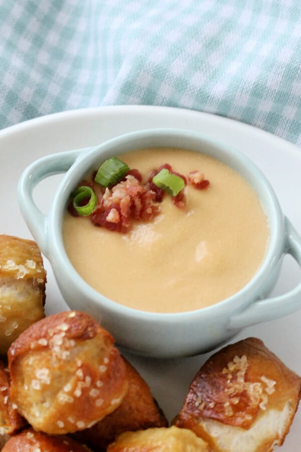 hot beer cheese dip in small bowl with pretzel bites