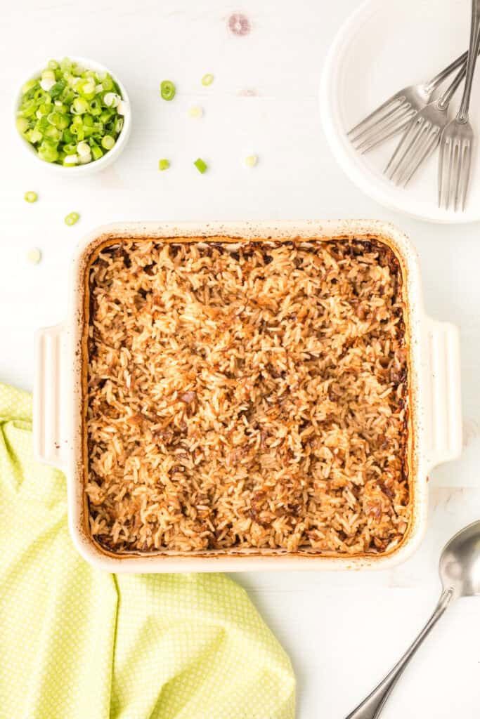 stick of butter rice in square white casserole dish