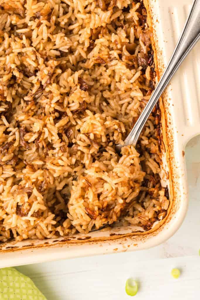 closeup of oven baked rice in casserole dish