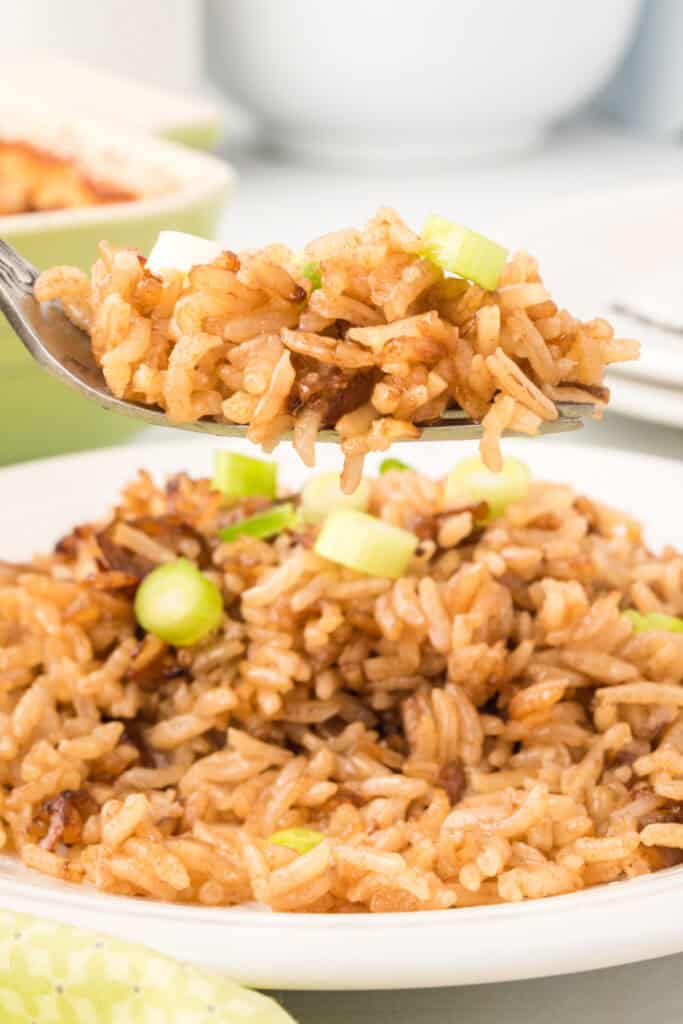 closeup of stick of butter rice scooped off plate onto fork