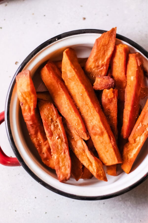 closeup of sweet potato fries in bowl