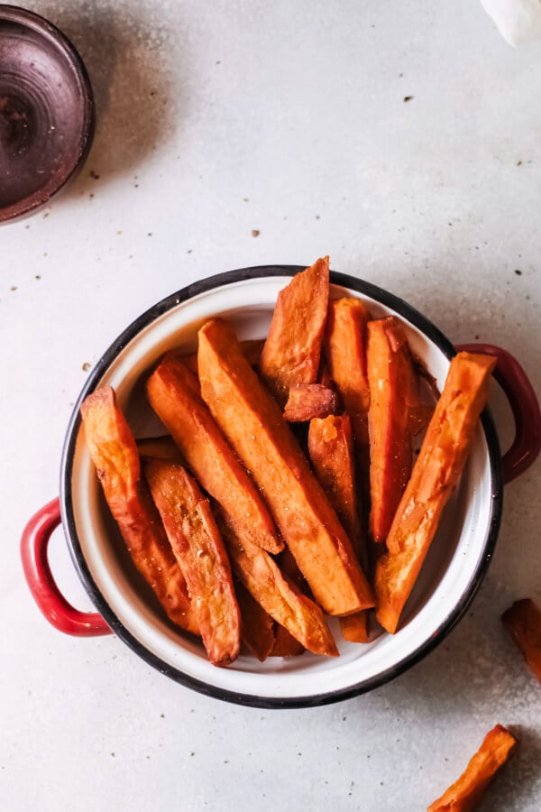 looking down into a bowl of sweet potato fries