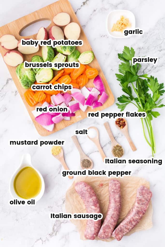 ingredients to make sheet pan sausage and veggies