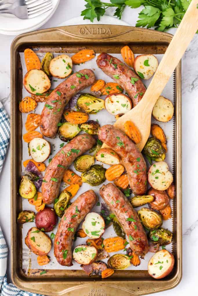 sheet pan meal ready to be served