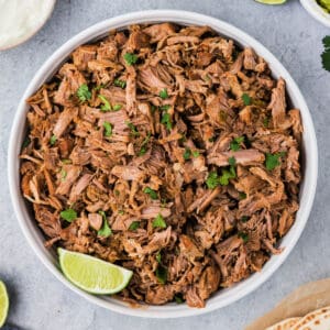 closeup of instant pot carnitas in bowl