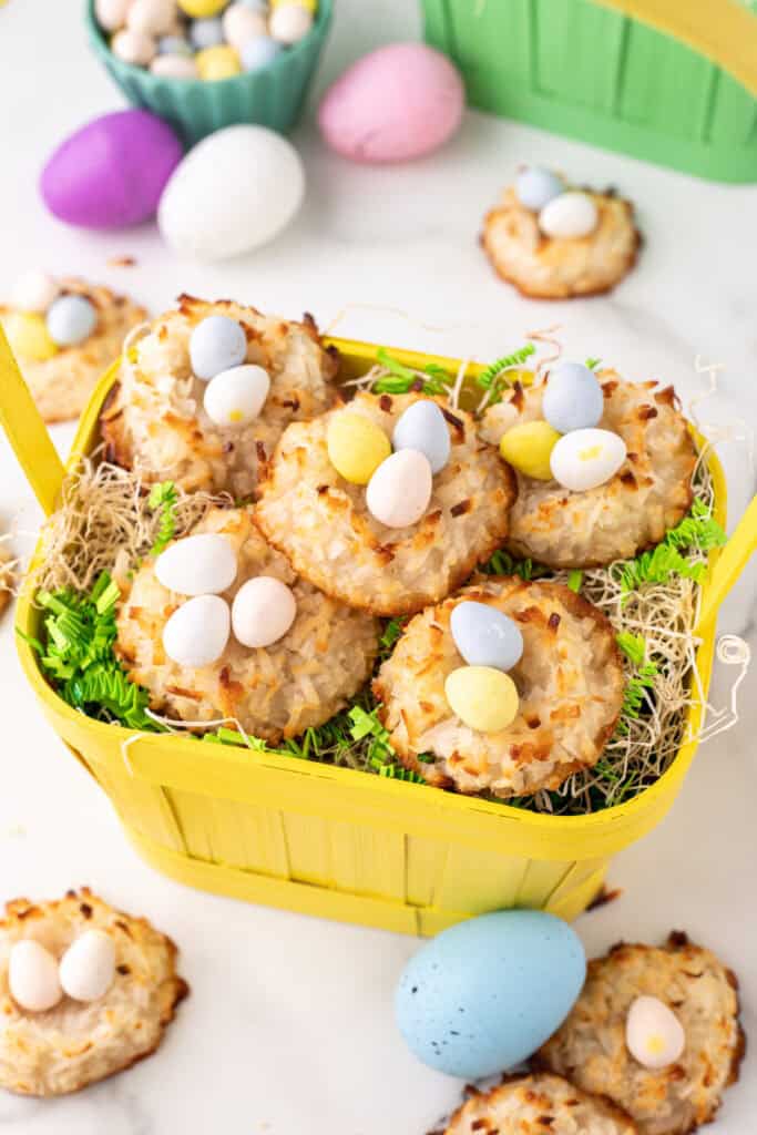 coconut easter nests in yellow basket