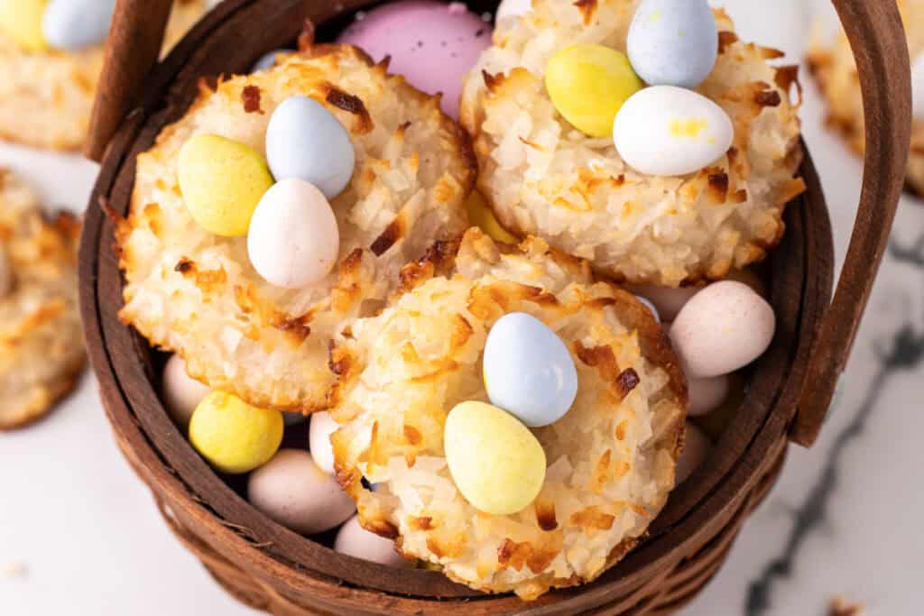 closeup of coconut easter nest cookies in basket