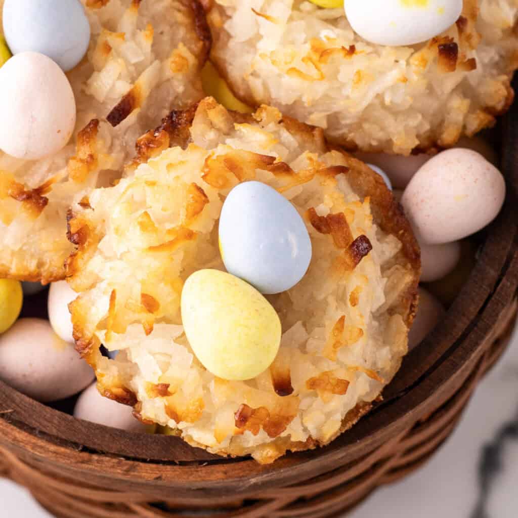 closeup of coconut easter nest cookies