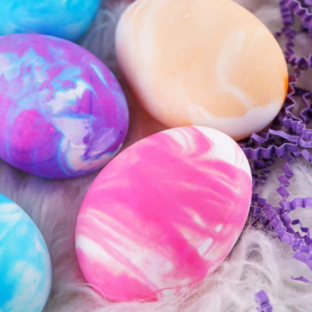 closeup of cool whip dyed easter eggs